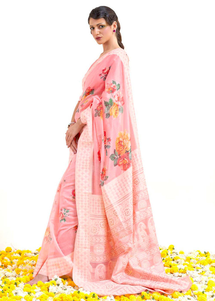 Flamingo Pink Chikankari Silk Saree with Floral Digital Print Clothsvilla