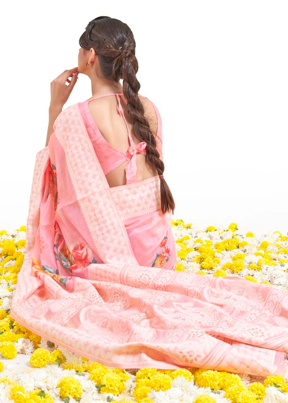 Flamingo Pink Chikankari Silk Saree with Floral Digital Print Clothsvilla