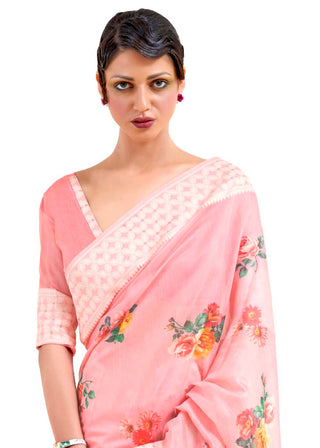 Flamingo Pink Chikankari Silk Saree with Floral Digital Print Clothsvilla