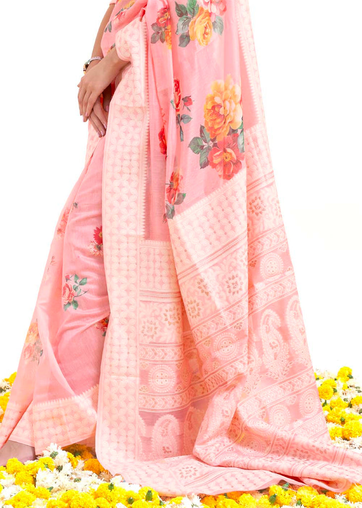 Flamingo Pink Chikankari Silk Saree with Floral Digital Print Clothsvilla