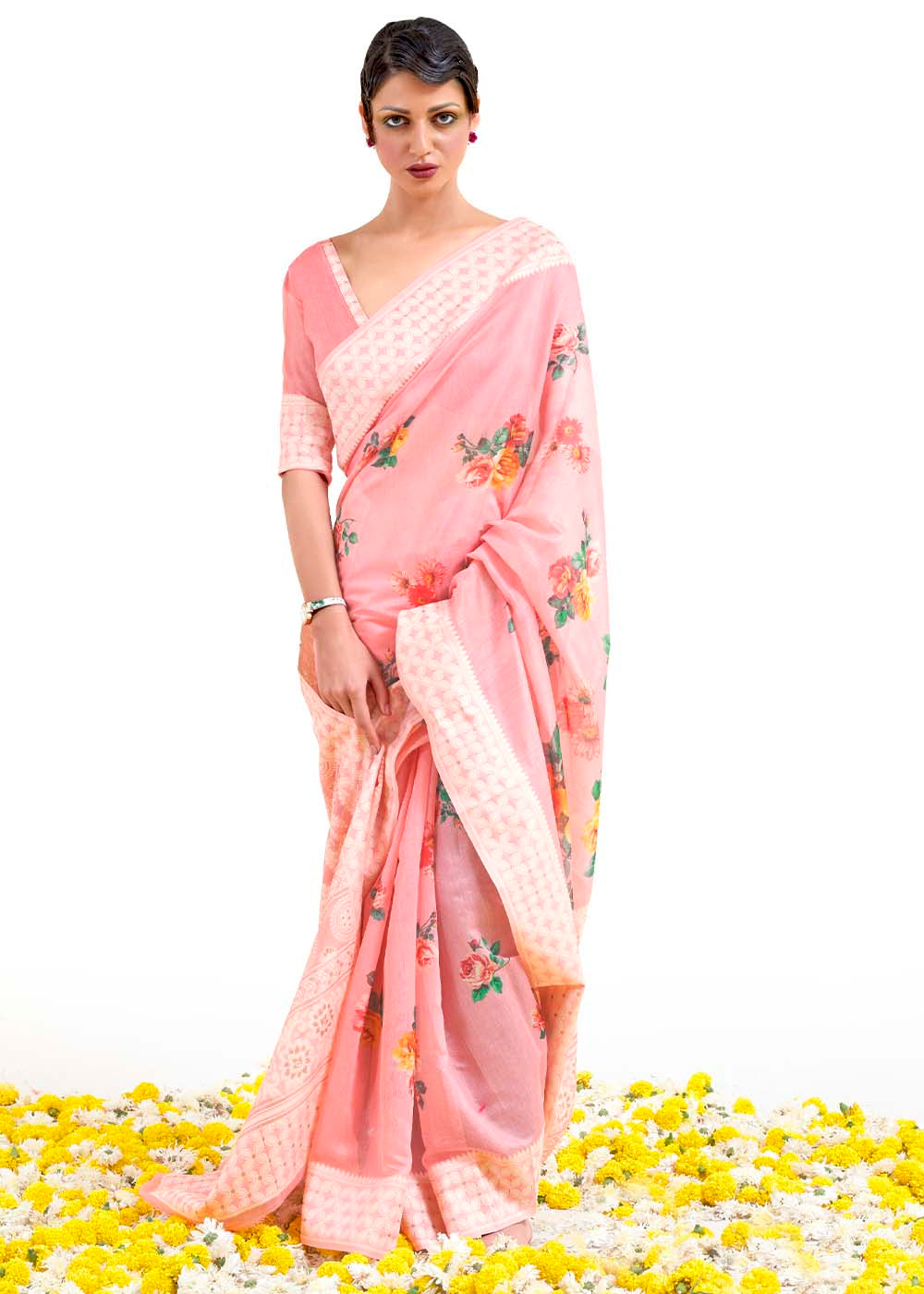 Flamingo Pink Chikankari Silk Saree with Floral Digital Print Clothsvilla