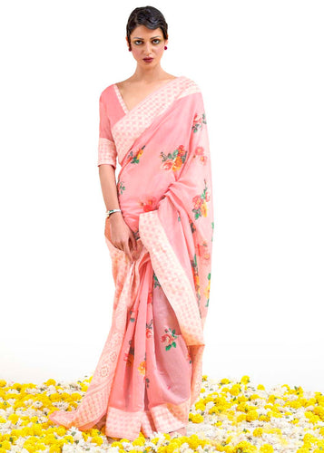 Flamingo Pink Chikankari Silk Saree with Floral Digital Print Clothsvilla