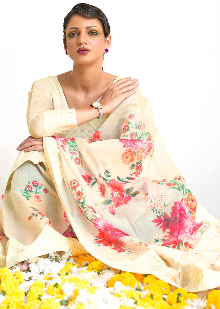 Parchment White Chikankari Silk Saree with Floral Digital Print Clothsvilla