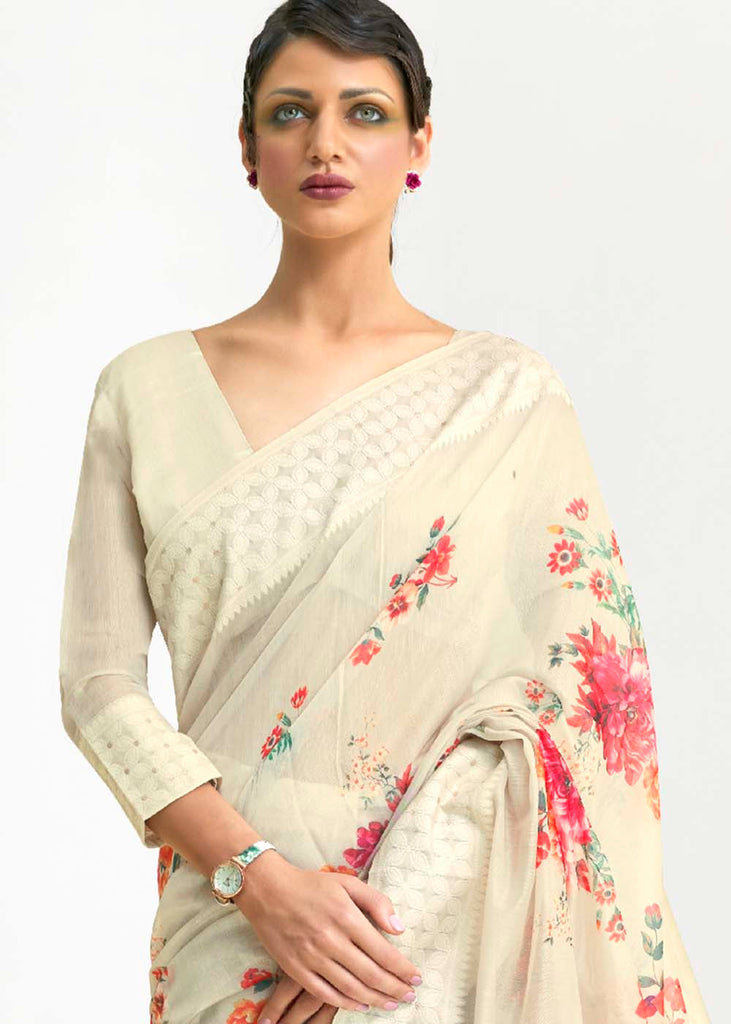 Parchment White Chikankari Silk Saree with Floral Digital Print Clothsvilla
