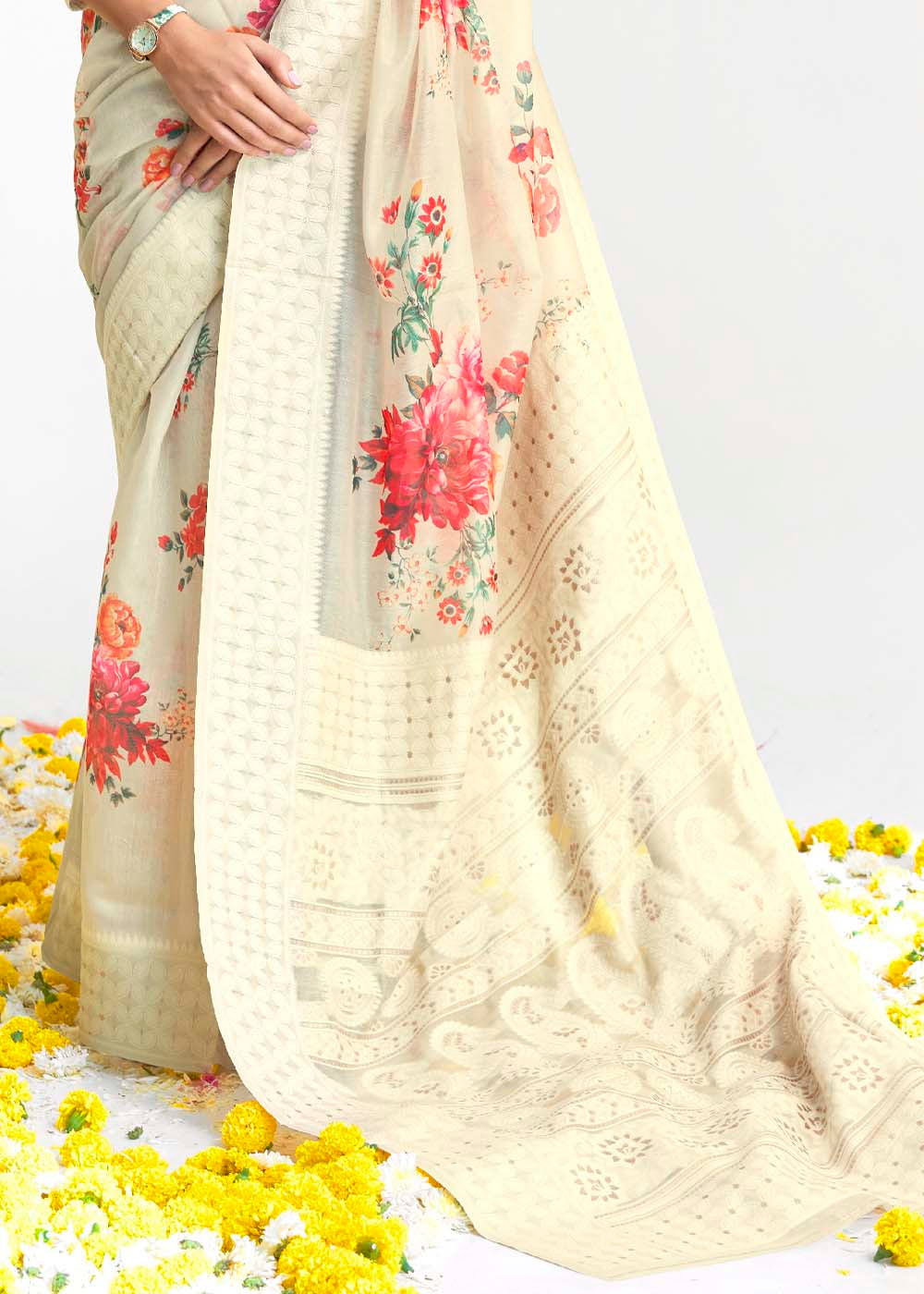 Parchment White Chikankari Silk Saree with Floral Digital Print Clothsvilla