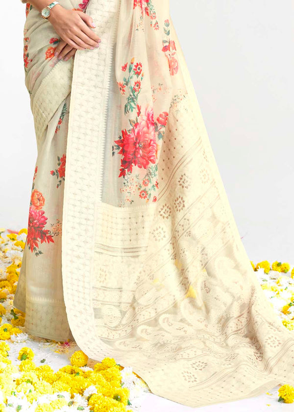 Parchment White Chikankari Silk Saree with Floral Digital Print Clothsvilla