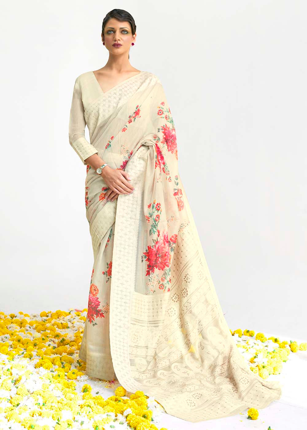 Parchment White Chikankari Silk Saree with Floral Digital Print Clothsvilla