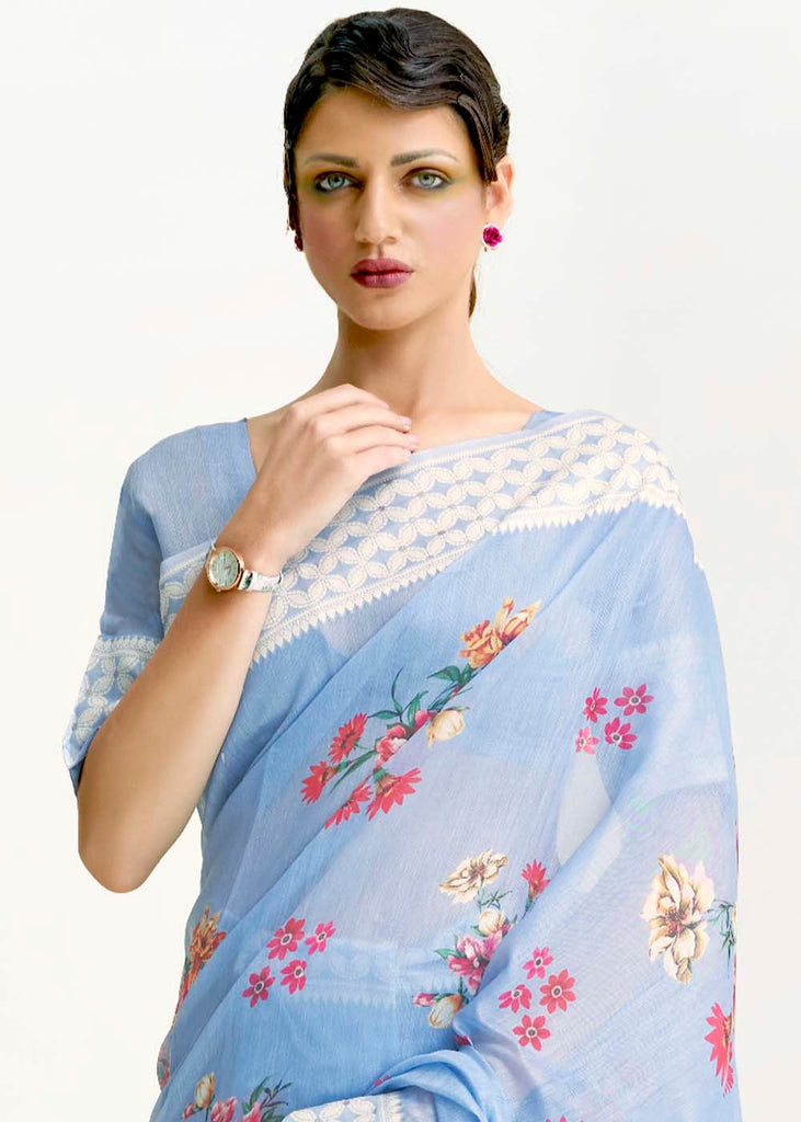 Sky Blue Chikankari Silk Saree with Floral Digital Print Clothsvilla
