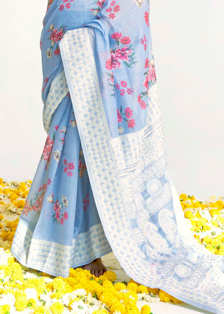 Sky Blue Chikankari Silk Saree with Floral Digital Print Clothsvilla