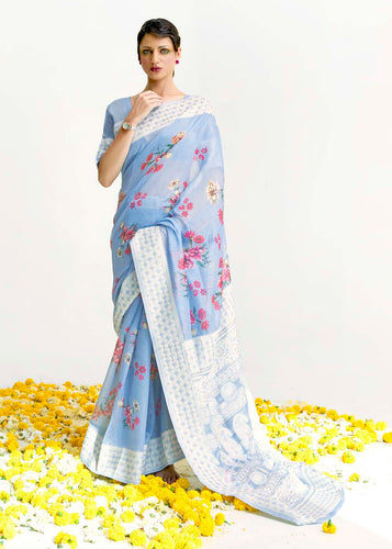 Sky Blue Chikankari Silk Saree with Floral Digital Print Clothsvilla