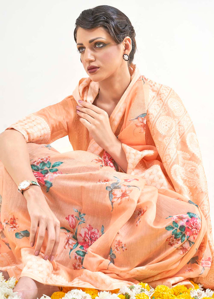 Light Coral Orange Chikankari Silk Saree with Floral Digital Print Clothsvilla