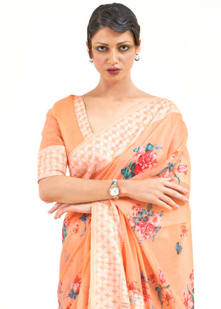 Light Coral Orange Chikankari Silk Saree with Floral Digital Print Clothsvilla