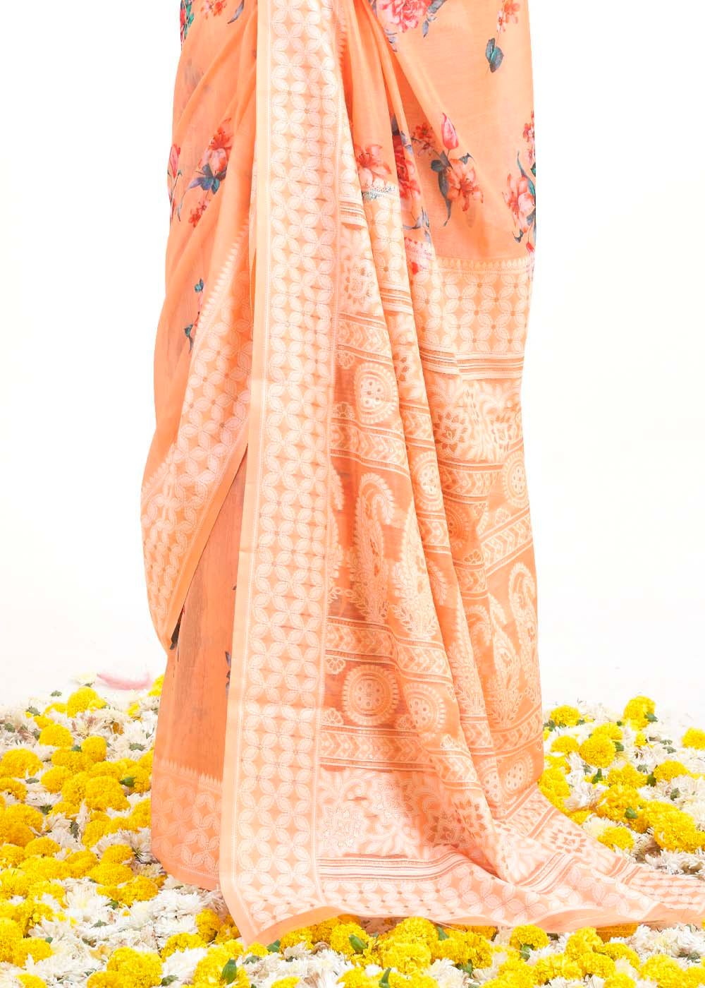 Light Coral Orange Chikankari Silk Saree with Floral Digital Print Clothsvilla