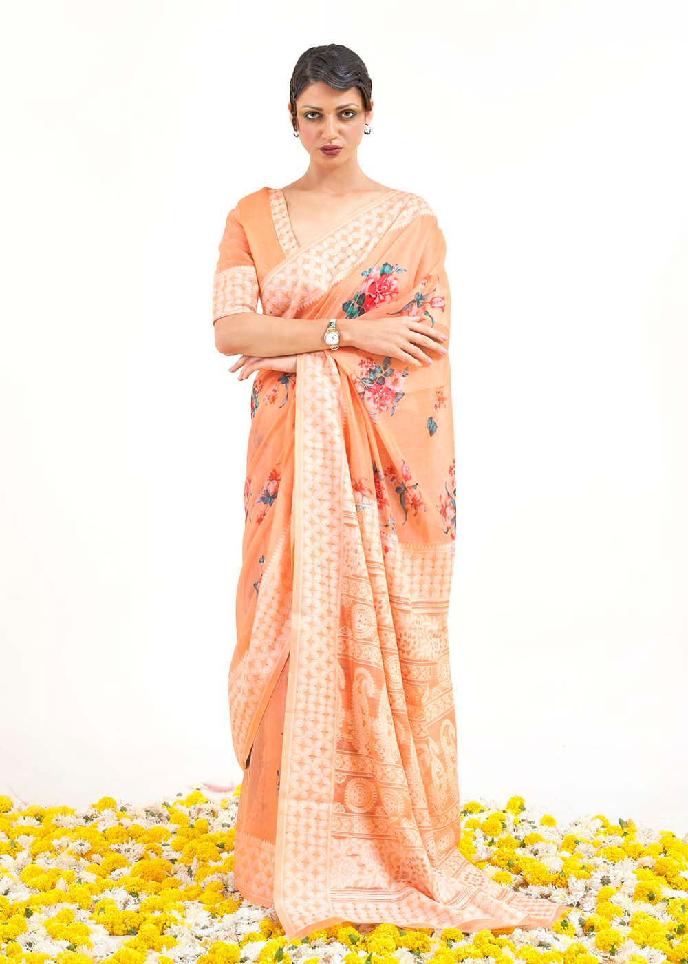Light Coral Orange Chikankari Silk Saree with Floral Digital Print Clothsvilla Main image