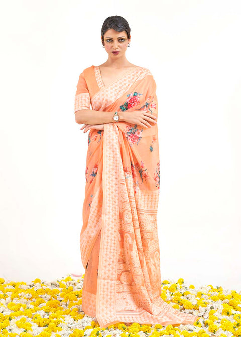 Light Coral Orange Chikankari Silk Saree with Floral Digital Print Clothsvilla Main image