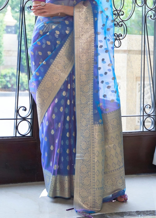 Egyptian Blue Zari Woven Organza Silk Saree Clothsvilla
