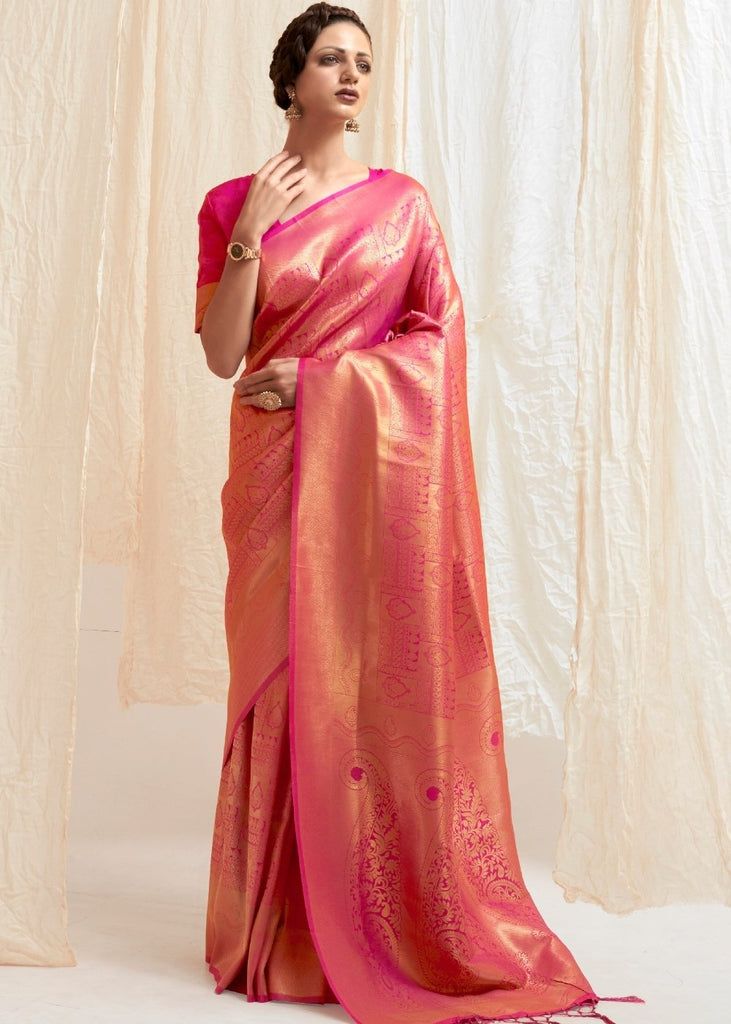 Deep Pink & Golden Blend Kanjivaram Silk Saree Clothsvilla