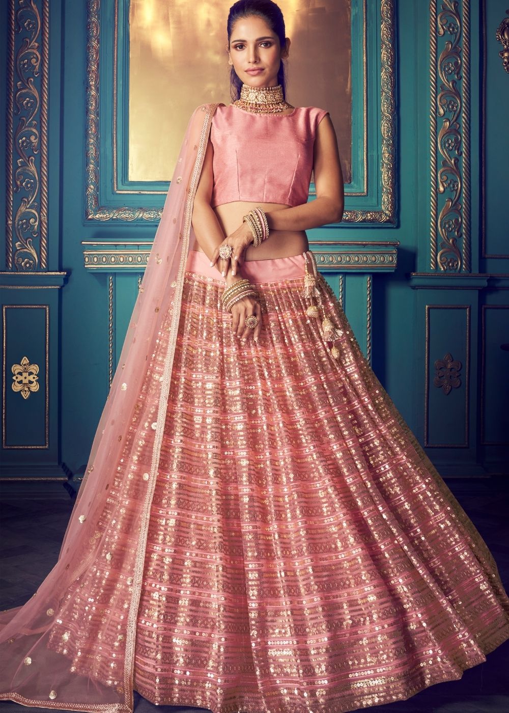 Rose Pink Designer Soft Net Lehenga Choli with Sequin and Thread work Clothsvilla