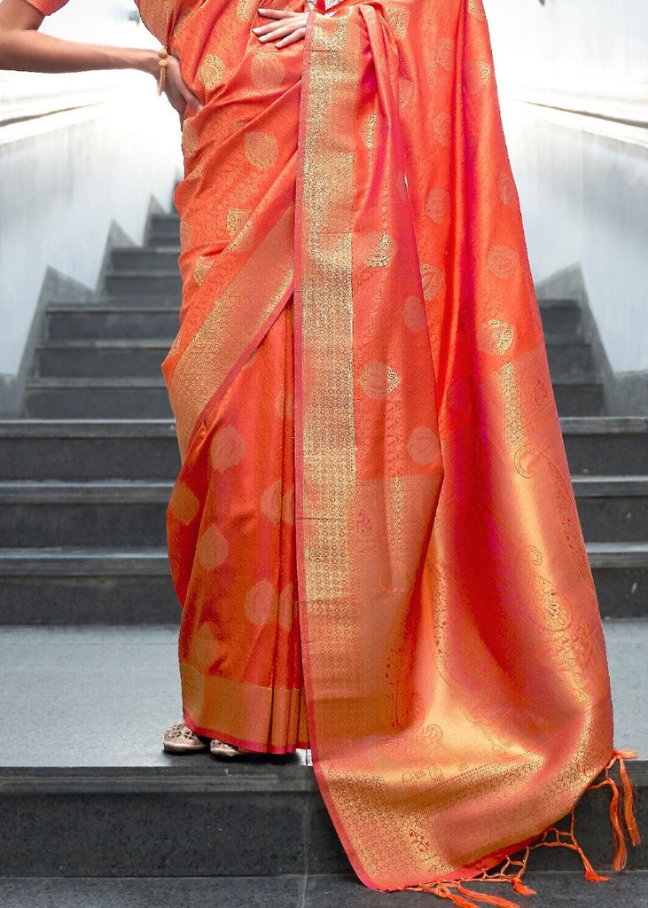 Coral Orange Woven Banarasi Silk Saree with overall Butti Clothsvilla