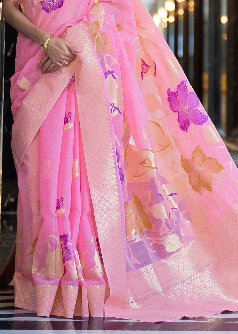 Vivid Pink Zari Woven Linen Silk Saree Clothsvilla