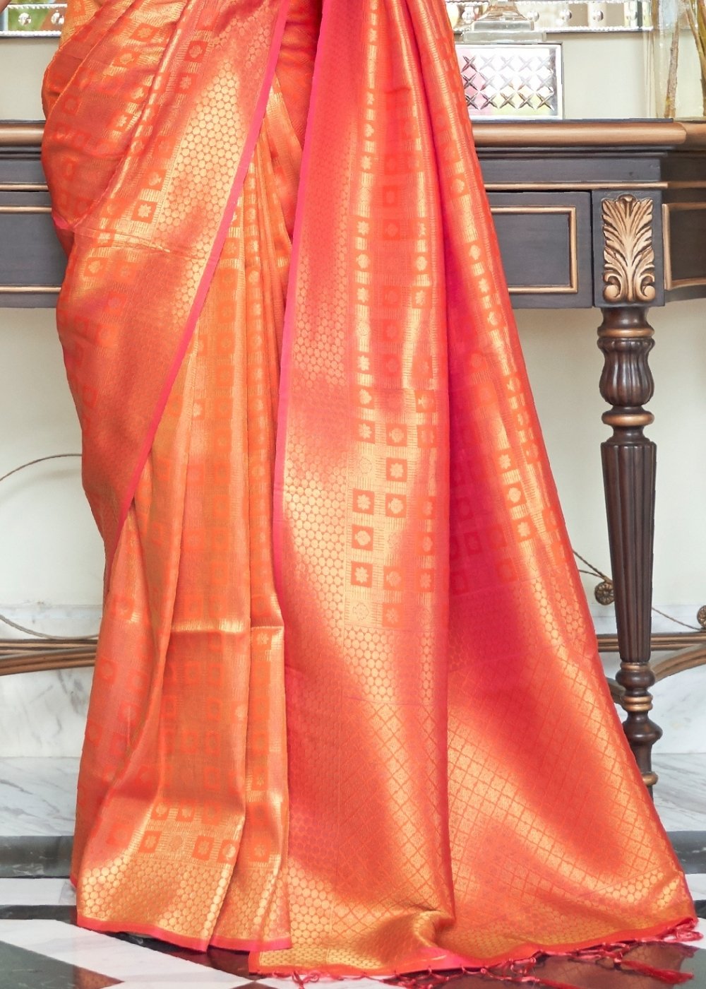 Persimmon Orange Zari Woven Kanjivaram Silk Saree with Tassels on Pallu Clothsvilla