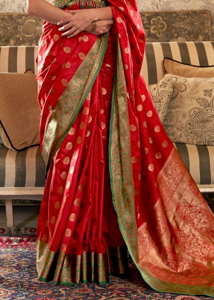 Carmine Red Woven Banarasi Tussar Silk Saree : Top Pick Clothsvilla