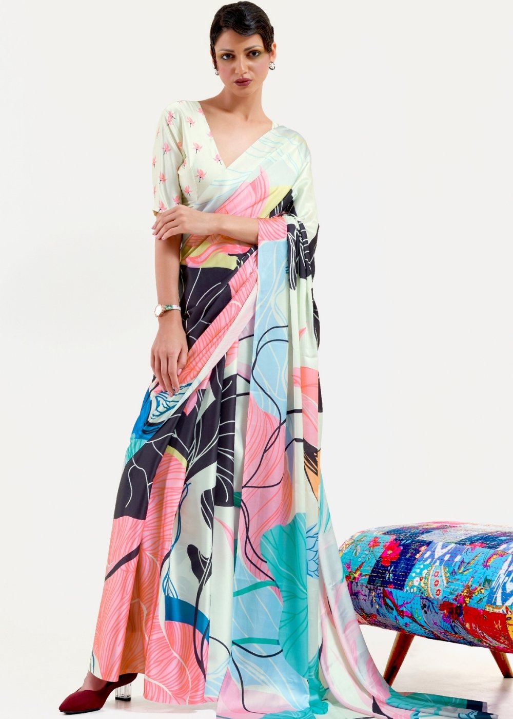 Multi Colored Digital Printed Satin Crepe Saree Clothsvilla Main image