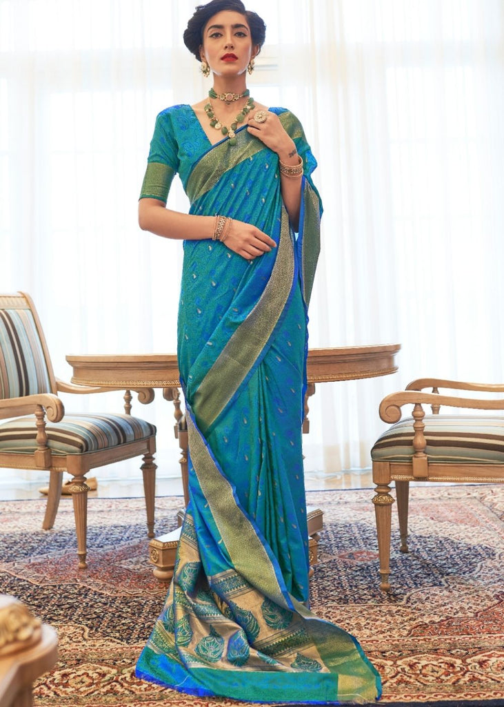 Cerulean Blue Ultra Soft Kanjivaram Silk Saree with Zari  Border and Pallu Clothsvilla