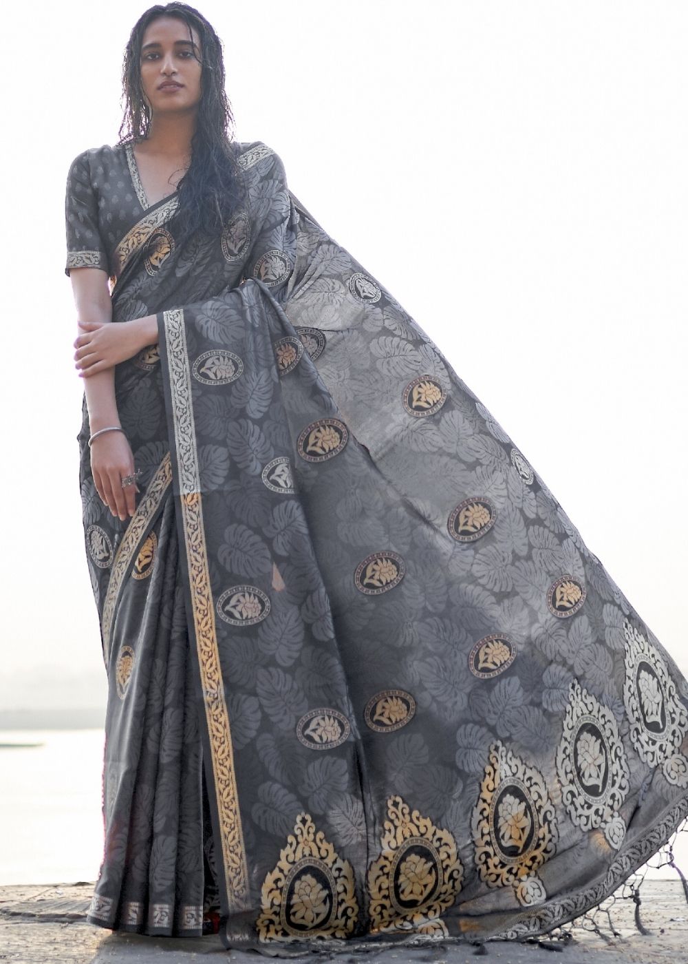 Fossil Grey Printed Satin Silk Saree Clothsvilla Main image