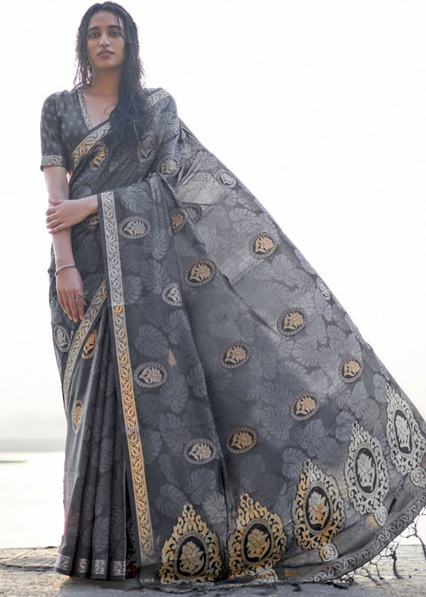 Fossil Grey Printed Satin Silk Saree Clothsvilla Main image
