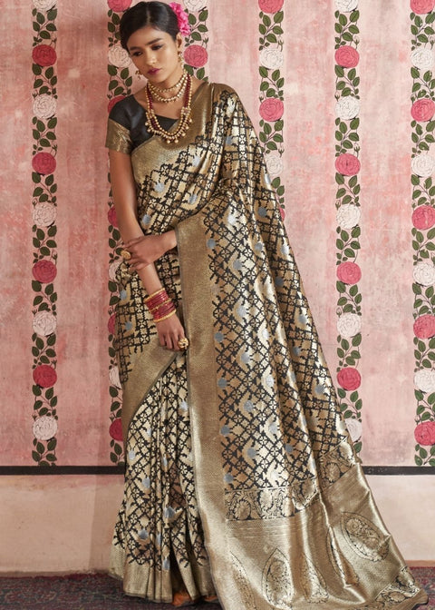 Midnight Black Handloom Weaving Silk Saree with Golden Border Clothsvilla Main image
