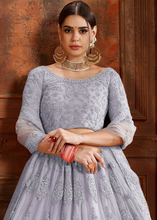Silver Grey Soft Net Lehenga Choli with Thread, Zarkan & Pearl work Clothsvilla