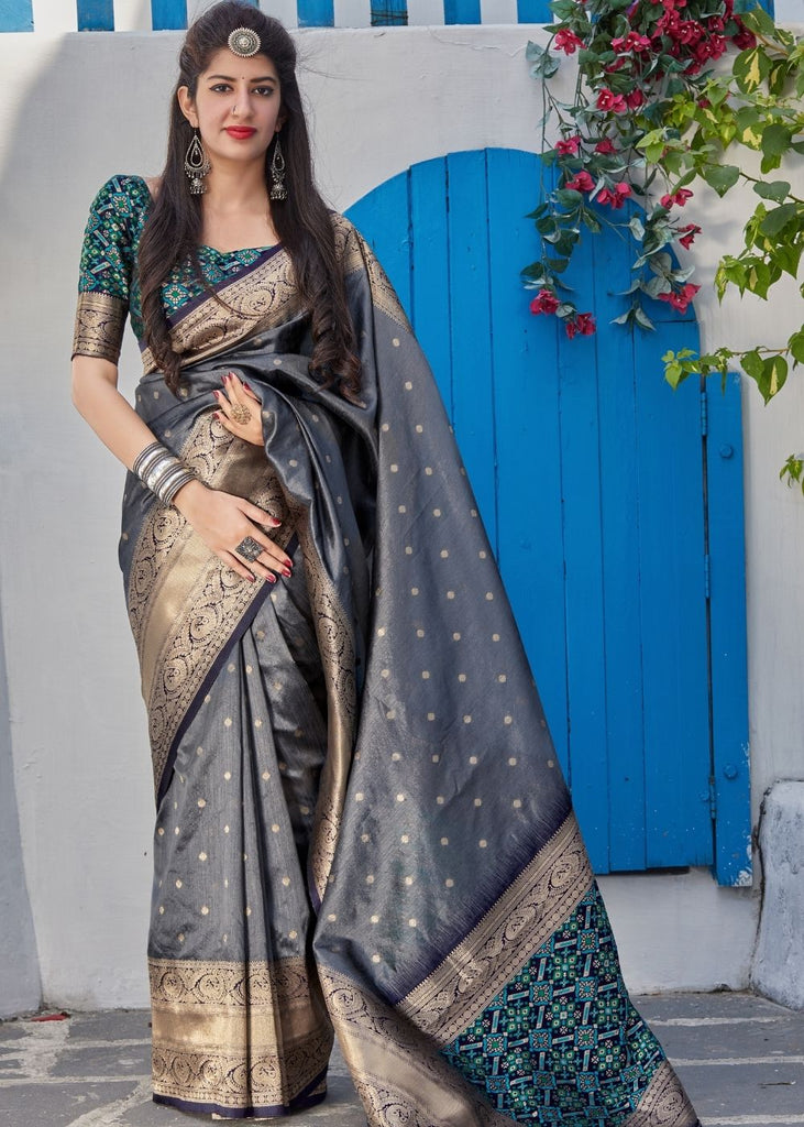 Steel Grey Woven Banarasi Silk Saree with Patola Pallu and Blouse Clothsvilla