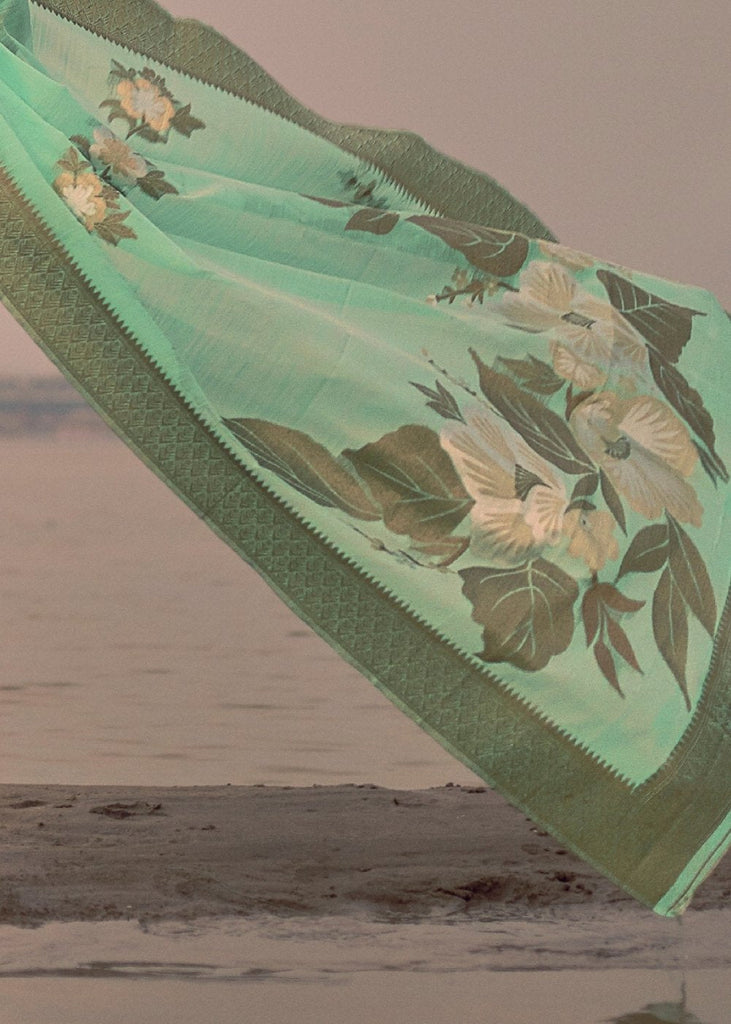 Mint Green Woven Linen Silk Saree with Floral Motif on Pallu and Border Clothsvilla