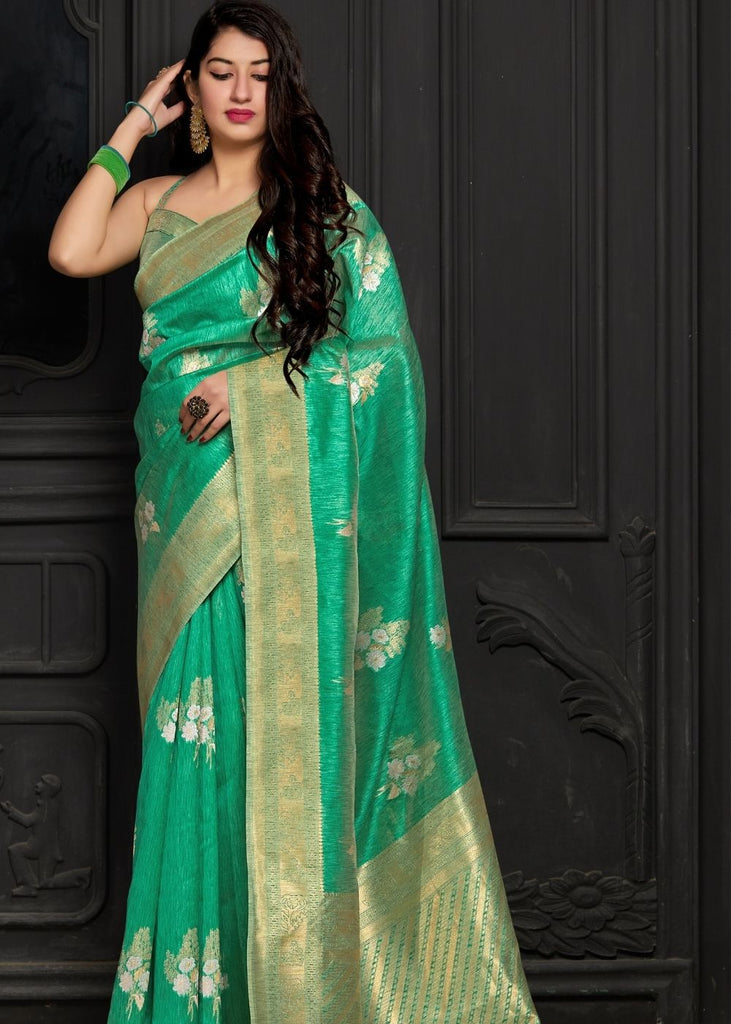 Jungle Green Banarasi Silk Floral Woven Saree with Golden Border and Pallu Clothsvilla