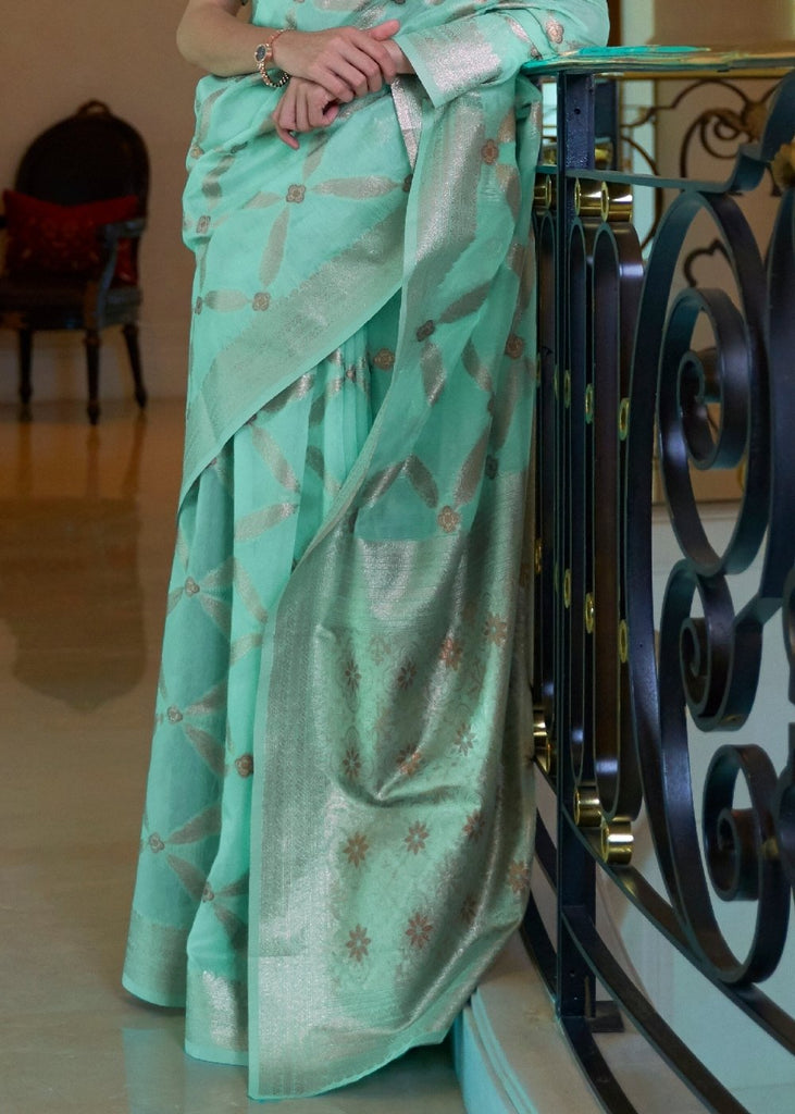 Turquoise Blue Banarasi-Chanderi Fusion Woven Silk Saree Clothsvilla