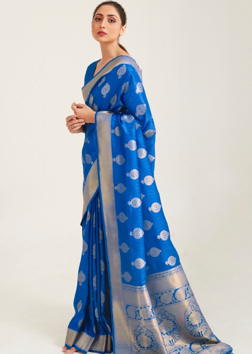 Egyptian Blue Zari Butta Woven Banasari Silk Saree Clothsvilla Main image