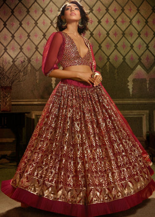 Maroon Soft Net Designer Lehenga Choli with overall Sequins work Clothsvilla
