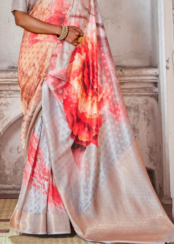 Fog Grey Printed Satin Silk Saree Clothsvilla