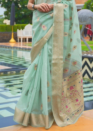Emerald Green Woven Linen Silk Saree Clothsvilla