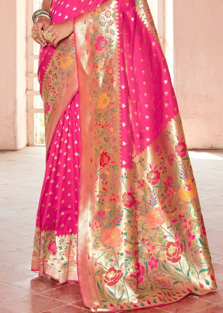 Cerise Pink Woven Paithani Silk Saree - Clothsvilla