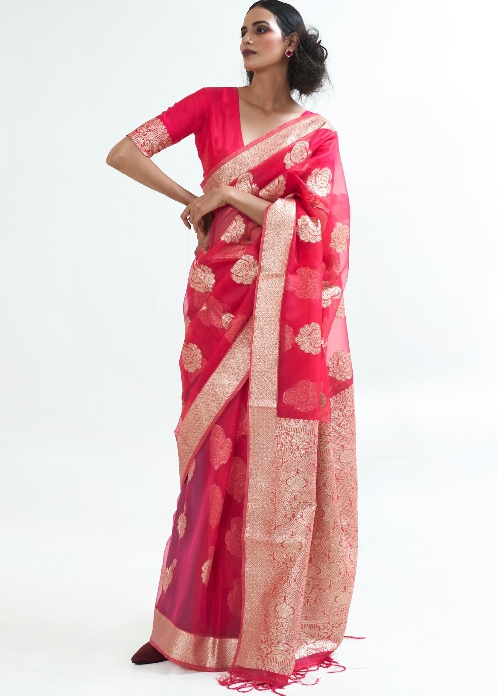 Ribbon Red Designer Woven Organza Silk Saree Clothsvilla Main image