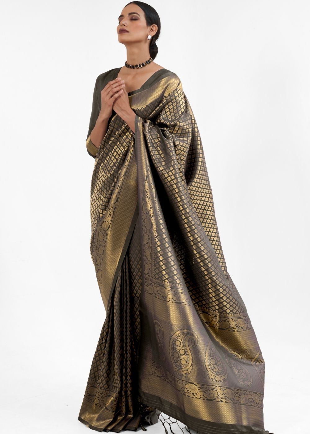 Raven Black Kanjivaram Soft Woven Silk Saree Clothsvilla Main image