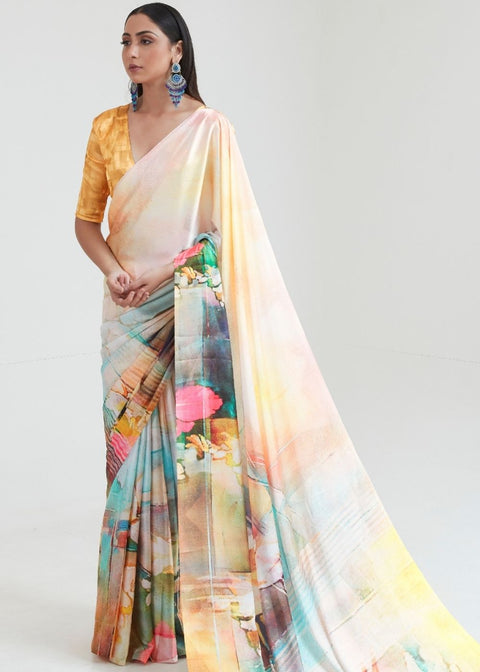 Flax Yellow Satin Silk Digital Printed Saree Clothsvilla Main image