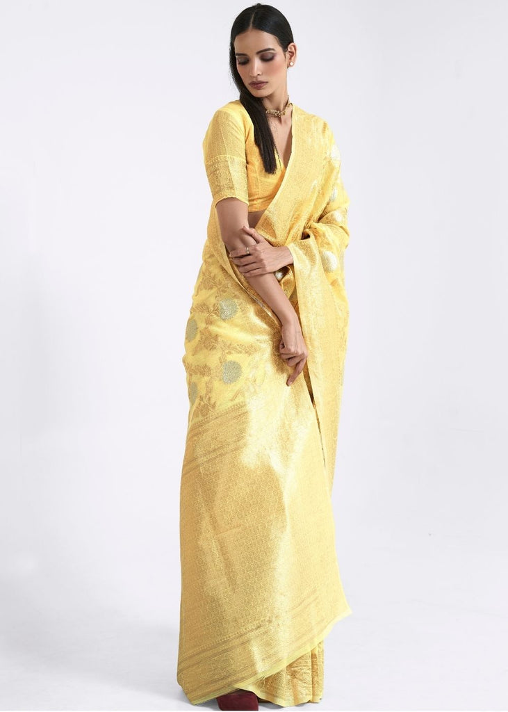Pineapple Yellow Zari Woven Linen Silk Saree Clothsvilla