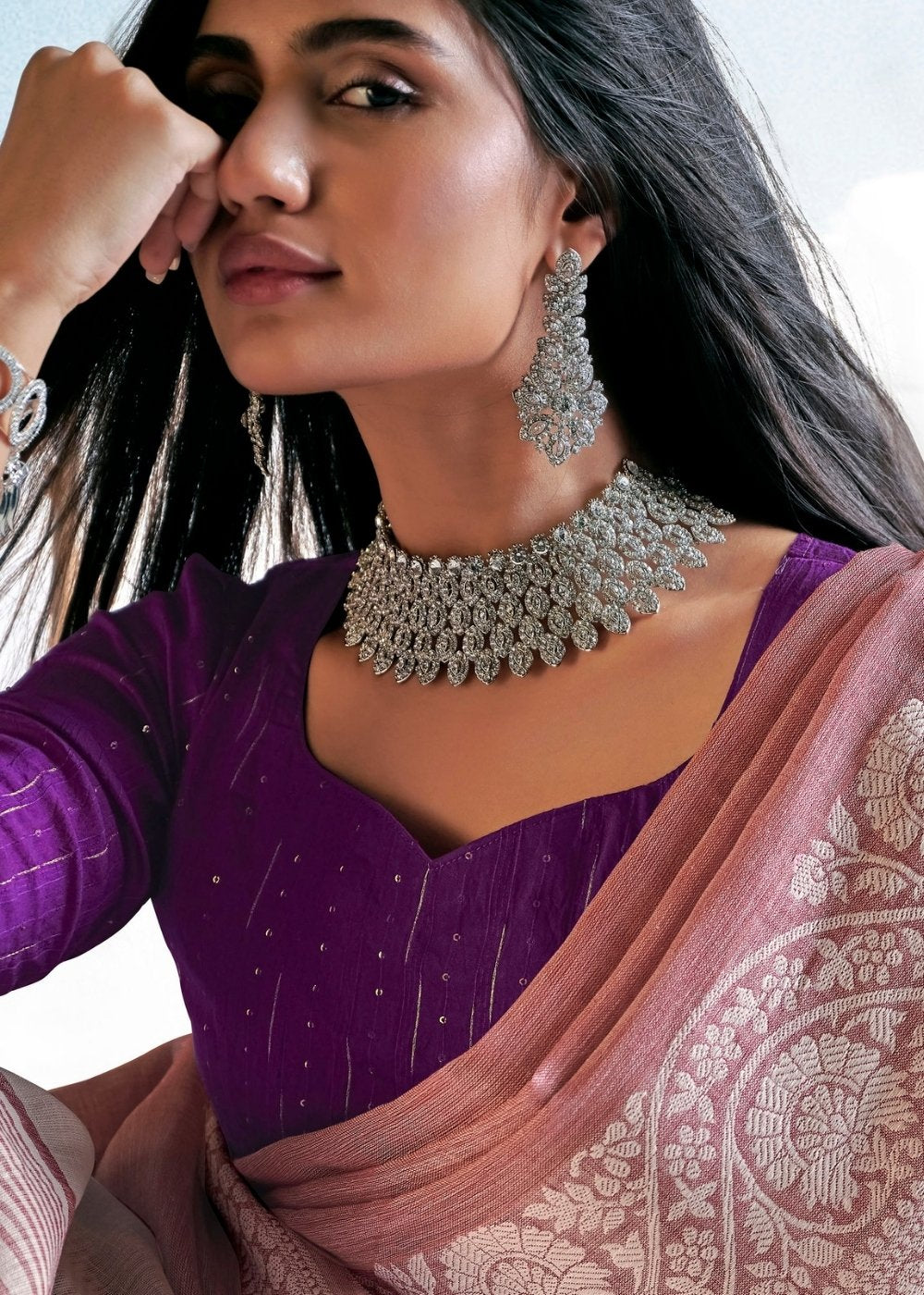 Light Lilac Purple Soft Linen Silk Saree with Lucknowi work and Sequence Blouse Clothsvilla