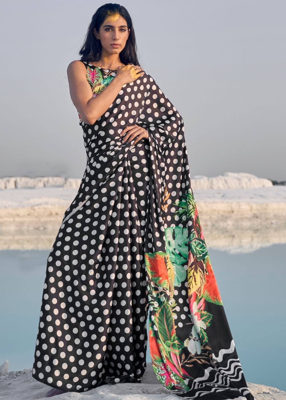Black and White Polka Dots Digital Printed Crepe Silk Saree Clothsvilla