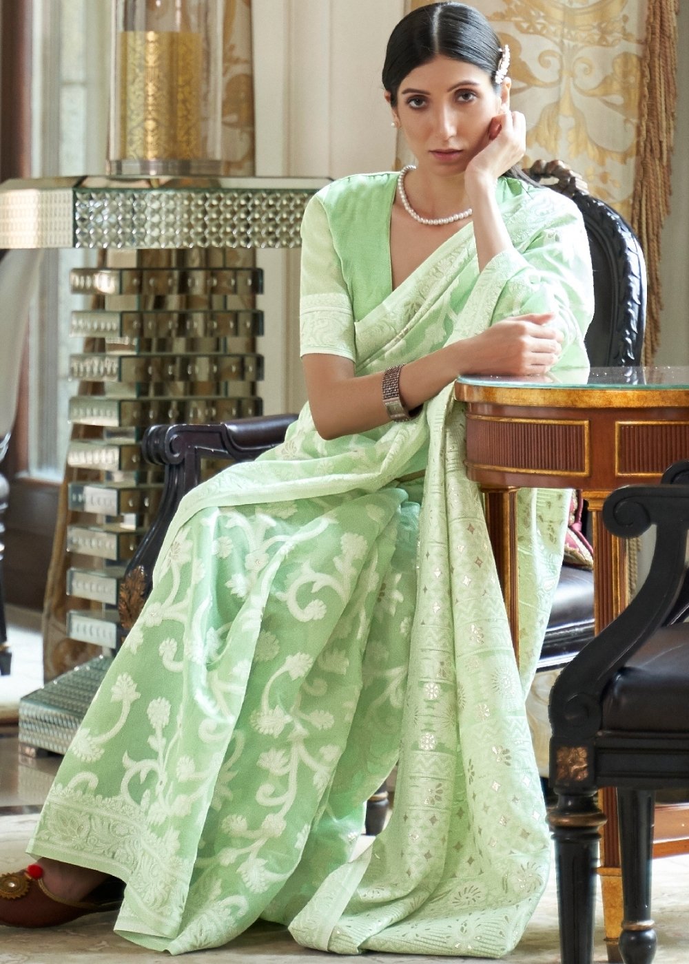 Emerald Green Lucknowi  Chikankari Weaving Silk Saree Clothsvilla