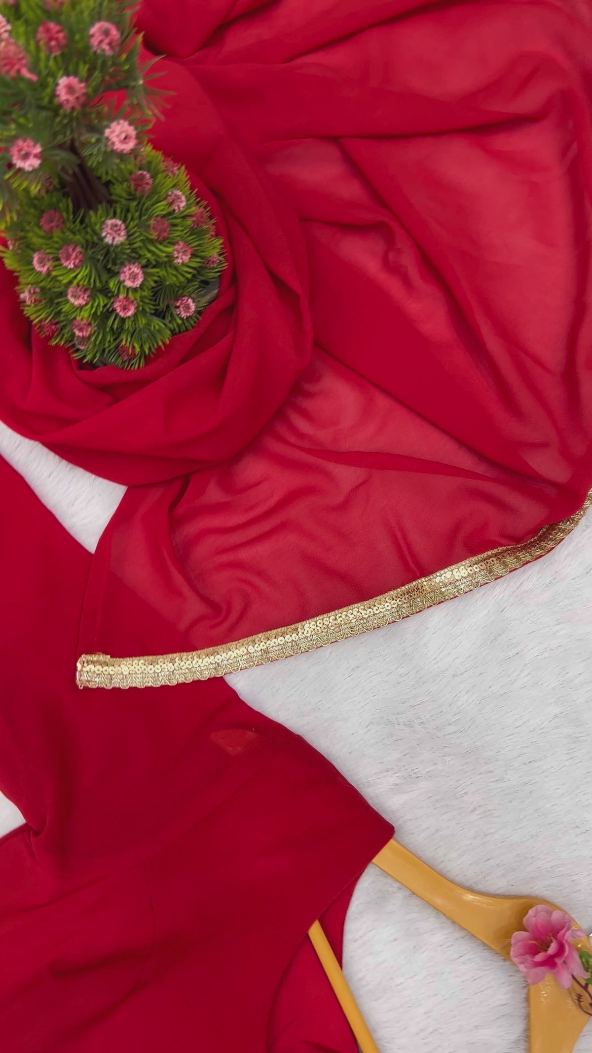 Red Faux Georgette Plain Gown With Dupatta