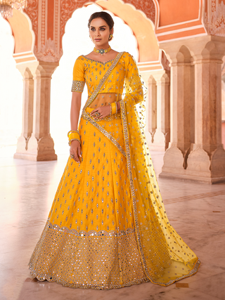 Mustard Embroidered Art Silk Semi Stitched Lehenga With Unstitched Blouse Clothsvilla